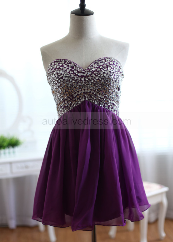 Purple Chiffon Beaded Corset Back Short Prom Dress